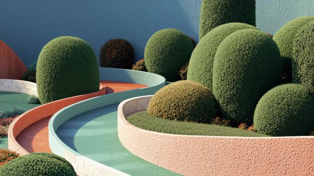 A garden with a path and bushes. The bushes are trimmed into shapes. Minimalist garden landscape, abstract topiary shapes, low curved walls, mid century modern retro color palette