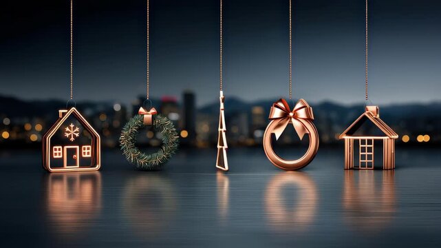 Christmas wreath tree ornament house festive holiday lights cozy warm decoration seasonal joy hanging minimal copper ring pendant metal garland night