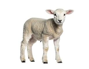 A small, wooly lamb stands facing forward, with a white background. The lamb's eyes are open