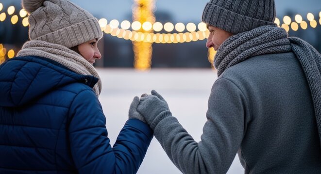 Happy couple holding hands at outdoor ice rink with festive lights in winter evening - Powered by Adobe