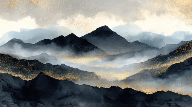 Misty mountain range, gold accents (1)