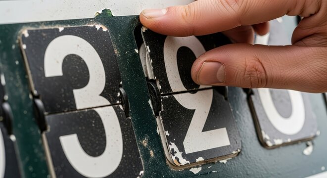 Human hand manually adjusts weathered old mechanical flip counter numbers displaying three and two