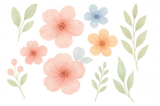 Watercolor floral arrangement with delicate pastel flowers, leaves, and berries, transparent background, botanical illustration - Powered by Adobe
