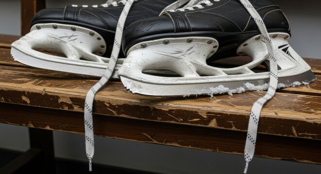 Worn black ice hockey skates with white laces rest on rustic wooden bench after intense winter sport activity - Powered by Adobe