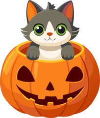 Cat sitting inside a carved pumpkin.