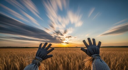 Scarecrow hands reaching up towards dramatic long exposure clouds over golden wheat field at sunset