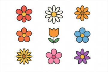 Colorful flower icons set illustrating cheerful daisy, clover, tulip, and various simple floral shapes