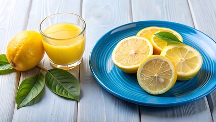 A beautifully arranged Salad blue plate with Lemon Sliced and a glass of Fresh Lemon Juice on white background