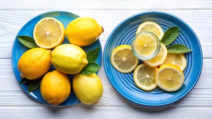 A beautifully arranged Salad blue plate with Lemon Sliced and a glass of Fresh Lemon Juice on white background