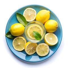 A beautifully arranged Salad blue plate with Lemon Sliced and a glass of Fresh Lemon Juice on white background