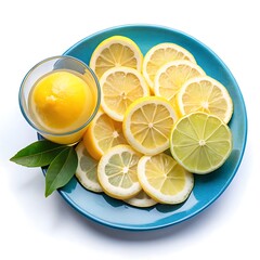 A beautifully arranged Salad blue plate with Lemon Sliced and a glass of Fresh Lemon Juice on white background