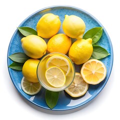 A beautifully arranged Salad blue plate with Lemon Sliced and a glass of Fresh Lemon Juice on white background