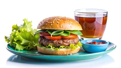 Delicious Hamburger arranged on a blue plate with a glass of drink and fresh lettuce, cucumber salad decorated on a small bowls with sauce on a different small bowls on white background