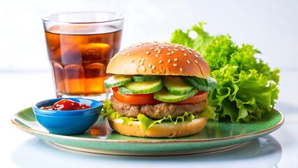 Delicious Hamburger arranged on a blue plate with a glass of drink and fresh lettuce, cucumber salad decorated on a small bowls with sauce on a different small bowls on white background