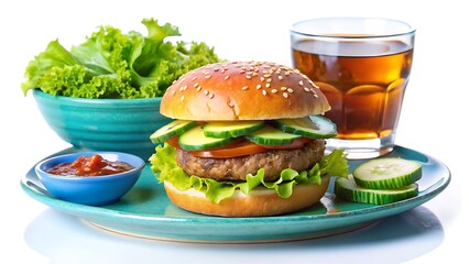 Delicious Hamburger arranged on a blue plate with a glass of drink and fresh lettuce, cucumber salad decorated on a small bowls with sauce on a different small bowls on white background