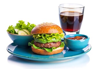 Delicious Hamburger arranged on a blue plate with a glass of drink and fresh lettuce, cucumber salad decorated on a small bowls with sauce on a different small bowls on white background