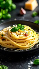Fresh Italian spaghetti pasta dish topped with basil and grated cheese served on a black plate with herbs and ingredients in the background