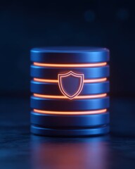 Futuristic data loss protection concept with glowing database stack and shield icon, representing secure digital storage, cybersecurity, and protected information infrastructure.