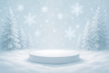 Winter snowy forest background with white podium and snowflakes for christmas display