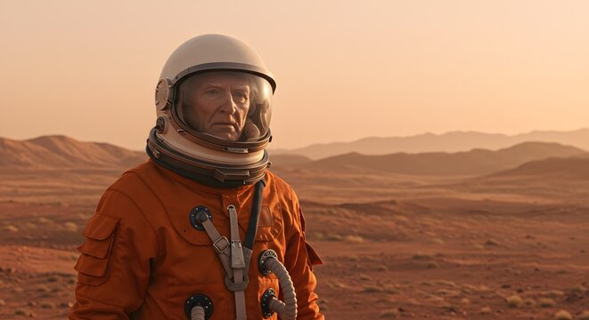 A serious astronaut in orange suit on Mars, surveying the reddish landscape