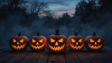 Halloween jack o lantern pumpkins decoration lantern glowing at dusk on wooden surface with spooky mist foggy fear scary misterous forest with sunset twilight sky background landscape in october fest