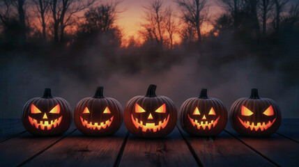 Halloween jack o lantern pumpkins decoration lantern glowing at dusk on wooden surface with spooky mist foggy fear scary misterous forest with sunset twilight sky background landscape in october fest