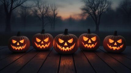 Halloween jack o lantern pumpkins decoration lantern glowing at dusk on wooden surface with spooky mist foggy fear scary misterous forest with sunset twilight sky background landscape in october fest