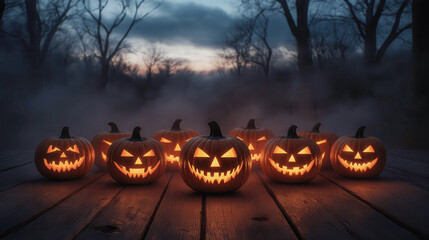 Halloween jack o lantern pumpkins decoration lantern glowing at dusk on wooden surface with spooky mist foggy fear scary misterous forest with sunset twilight sky background landscape in october fest