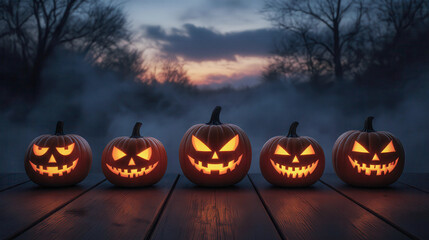 Halloween jack o lantern pumpkins decoration lantern glowing at dusk on wooden surface with spooky mist foggy fear scary misterous forest with sunset twilight sky background landscape in october fest