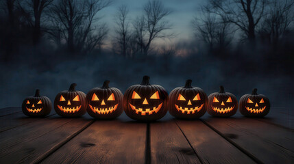 Halloween jack o lantern pumpkins decoration lantern glowing at dusk on wooden surface with spooky mist foggy fear scary misterous forest with sunset twilight sky background landscape in october fest