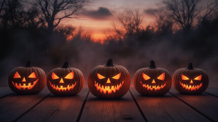 Halloween jack o lantern pumpkins decoration lantern glowing at dusk on wooden surface with spooky mist foggy fear scary misterous forest with sunset twilight sky background landscape in october fest