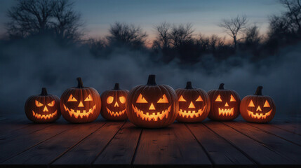 Halloween jack o lantern pumpkins decoration lantern glowing at dusk on wooden surface with spooky mist foggy fear scary misterous forest with sunset twilight sky background landscape in october fest