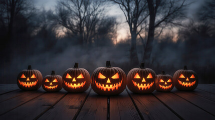 Halloween jack o lantern pumpkins decoration lantern glowing at dusk on wooden surface with spooky mist foggy fear scary misterous forest with sunset twilight sky background landscape in october fest