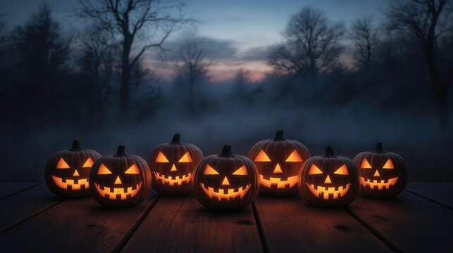 Halloween jack o lantern pumpkins decoration lantern glowing at dusk on wooden surface with spooky mist foggy fear scary misterous forest with sunset twilight sky background landscape in october fest
