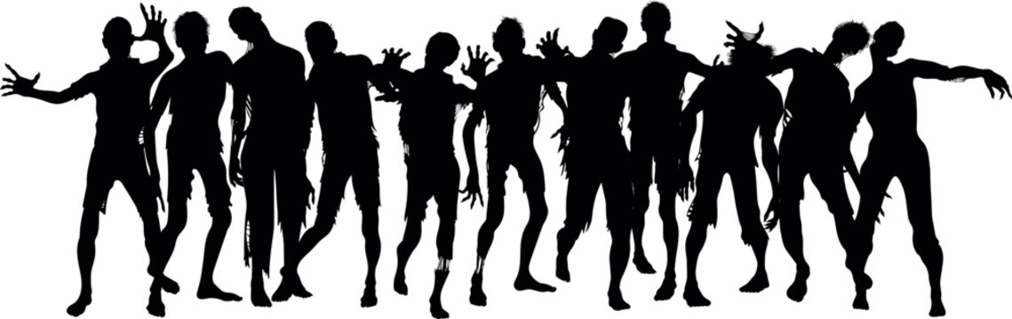 Group of zombies silhouette. Creepy undead horde illustration for horror and Halloween design