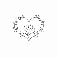 Simple Line Art Heart with Rose and Leaves.