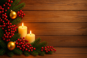 Christmas candles with red berries pine branches and golden baubles on wooden background