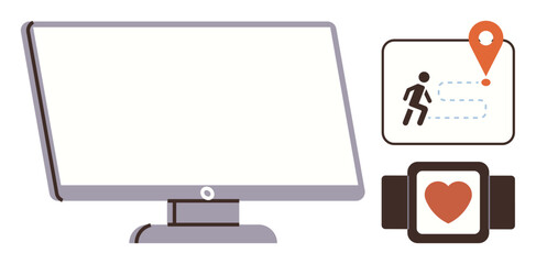 Computer screen, fitness tracker with heart rate, and running route panel represent fitness data tracking. Ideal for technology, health, fitness, monitoring, wearables, app design simple flat