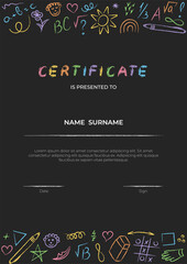 Cute kids certificate template in hand drawn doodle style. Fun color chalk style border with school themed elements: stars, sun, rainbow, numbers, and geometric shapes. Editable vector layout for