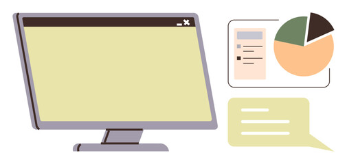 Desktop computer with a pie chart, document, and text bubble representing data analysis, teamwork, communication, remote work, online collaboration, productivity tools, and simplicity in flat design