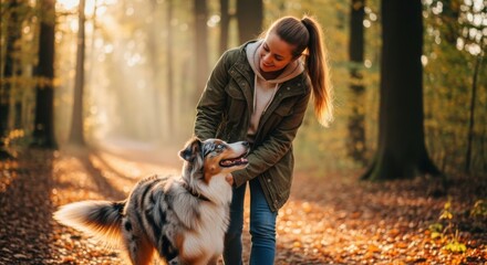 Happy woman walking with her beautiful Australian Shepherd dog in a sunlit autumn forest enjoying pet companionship