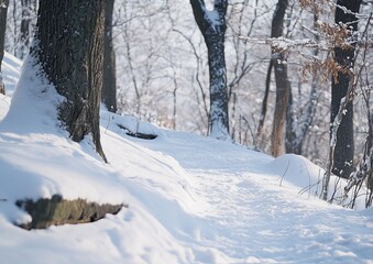 Obraz premium Snowy path winds through winter forest