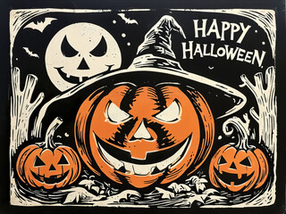White text Happy Halloween and smiling orange pumpkins and moon in woodcut style
