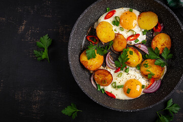 Fried eggs and potatoes with onions and chili peppers in a rustic background. Top view