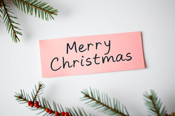 Top view of a pink note with "Merry Christmas" text on a white background, framed by Christmas tree branches