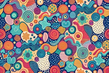 Naklejka premium Vibrant Abstract Composition Featuring Swirls, Dots, and Organic Shapes in a Playful and Energetic Design Style