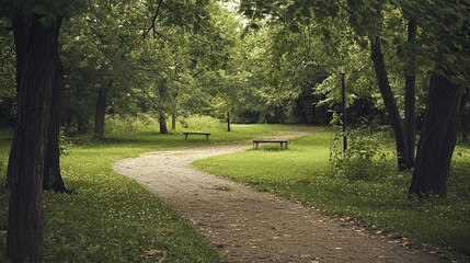 Fototapeta premium A pathway meanders through a lush park. Lush greenery surrounds a winding dirt path with park benches