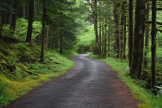 Winding forest road, lush greenery