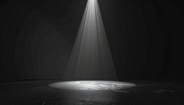 A Spotlight Illuminates A Dark Room Highlighting A Wet Floor With Reflective Particles
