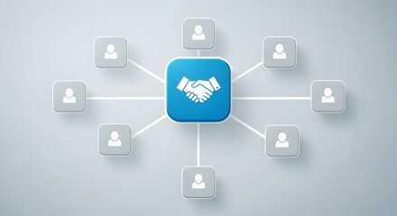 Secure business collaboration network with handshake icon and user connections